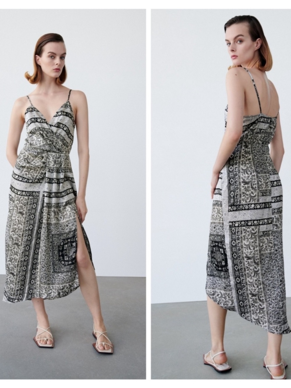 NWT Zara Patterned Spaghetti-Strap Midi Dress - Picture 3 of 9